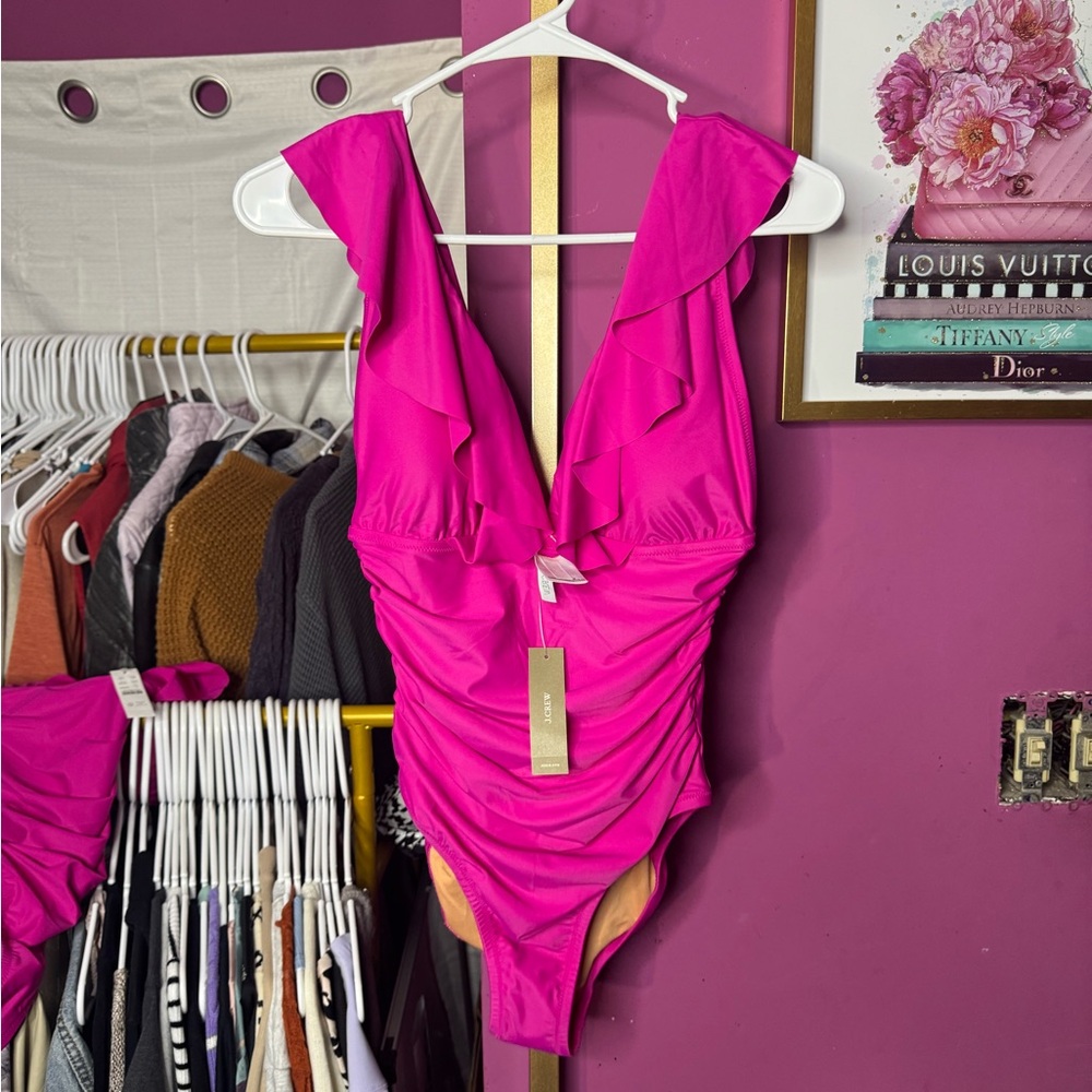 J. Crew Vibrant Pink Ruffled One-Piece Swimsuit